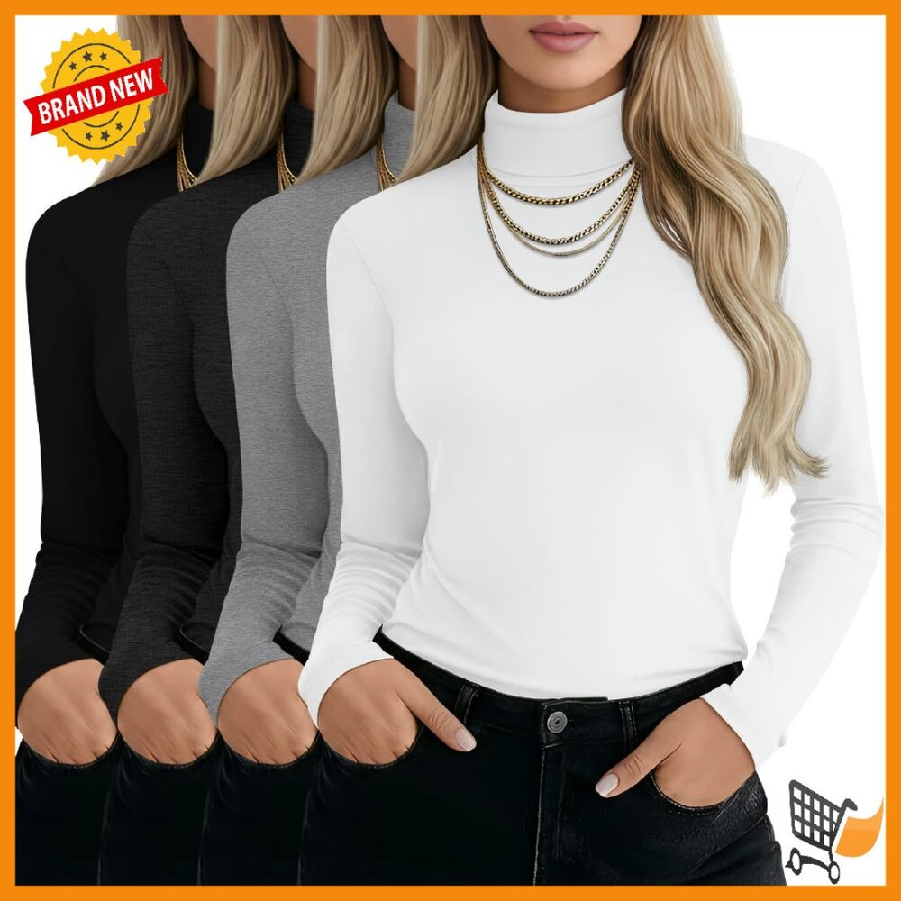 4 Pack Women's Slim Fit Turtleneck Long Sleeve Tees Lightweight Basic